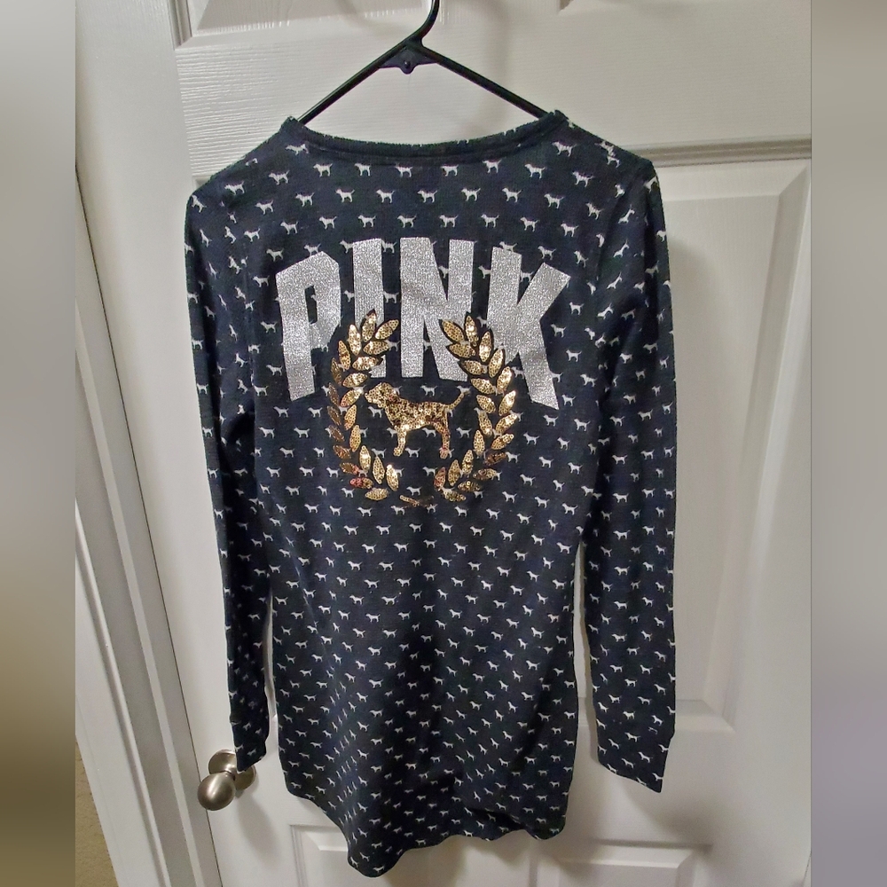 PINK Victoria's Secret Top Gray Gold Crest Long-Sleeve Dog Glitter Logo Bling